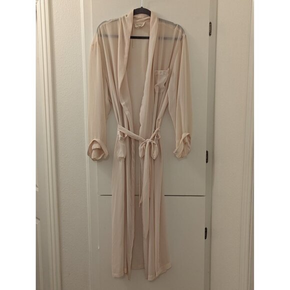 1980's Victoria Secret Sheer Beige Long Robe With Tie Waist & Pocket Detail